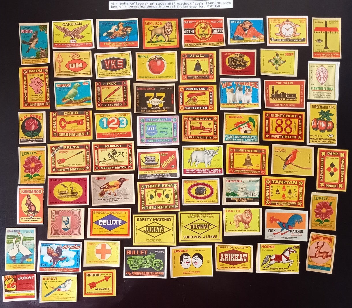 Collection of vintage matchbox labels India unusual graphics 900+ different