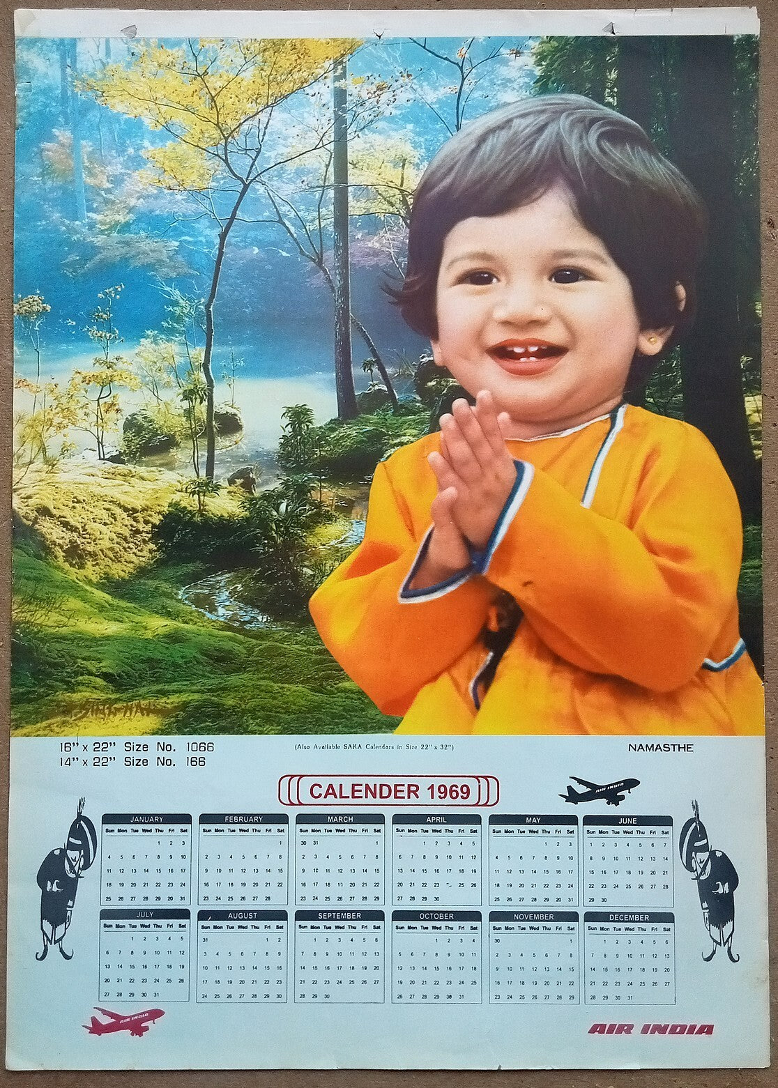 AIR INDIA 1969 poster calender 1066 - NAMASTHE - ARTIST : J. P. SINGHAL - R