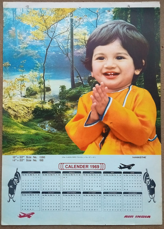 AIR INDIA 1969 poster calender 1066 - NAMASTHE - ARTIST : J. P. SINGHAL - R