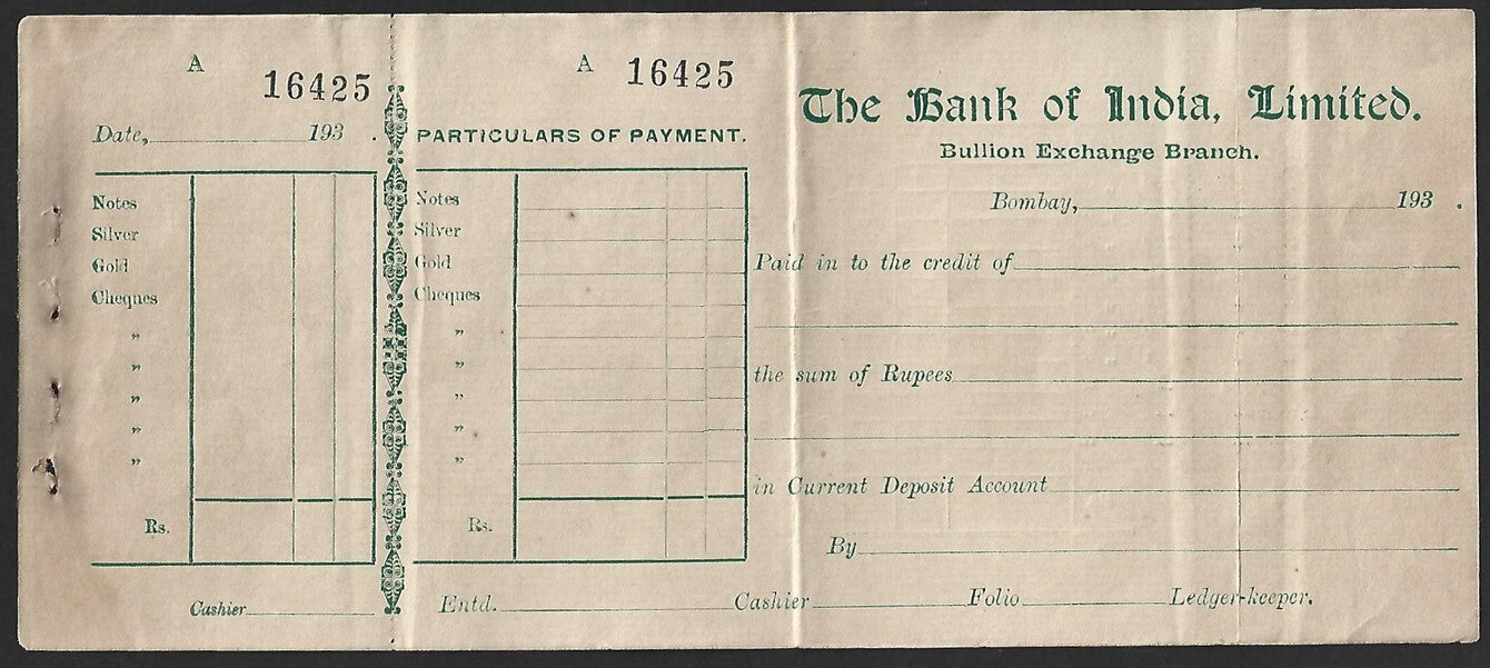 Bank of India Bulllion Exchange branch 1930 deposit slip for silver & gold