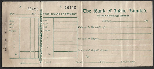 Bank of India Bulllion Exchange branch 1930 deposit slip for silver & gold