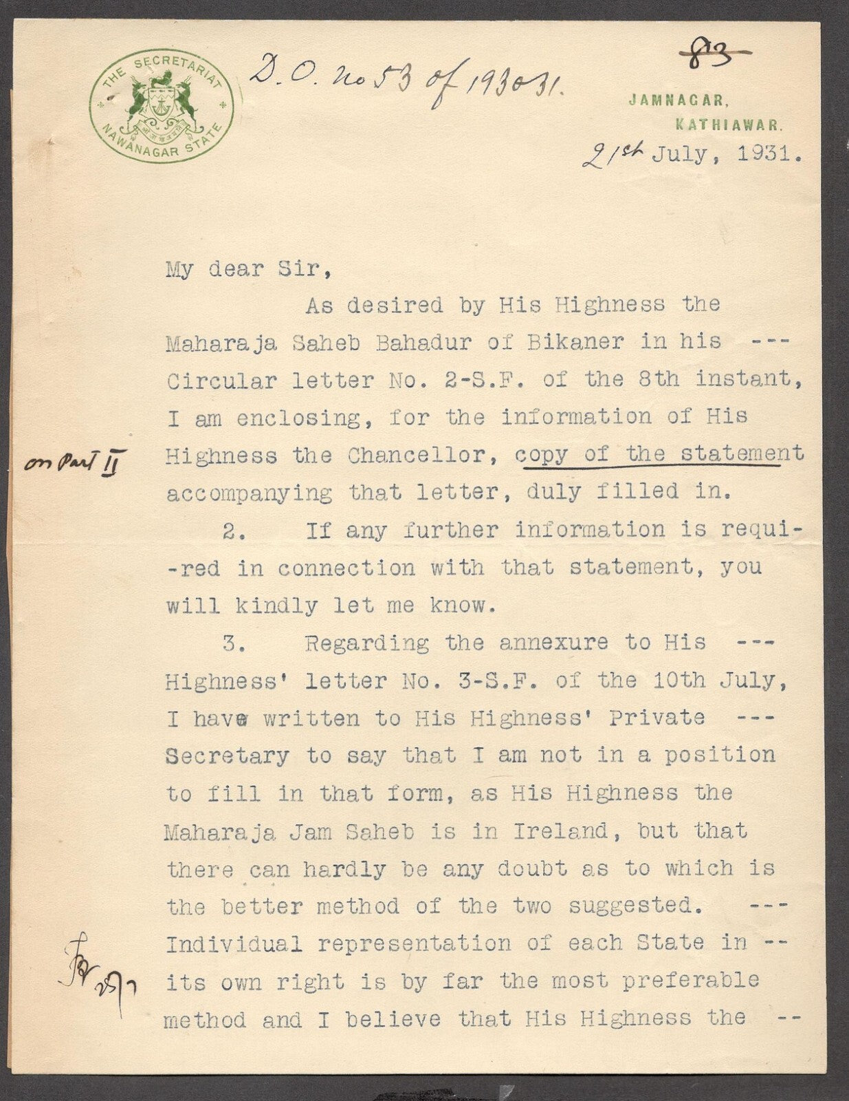 India 1931 crested letter THE SECRETARIAT / NAWANAGAR STATE signed Political Sec