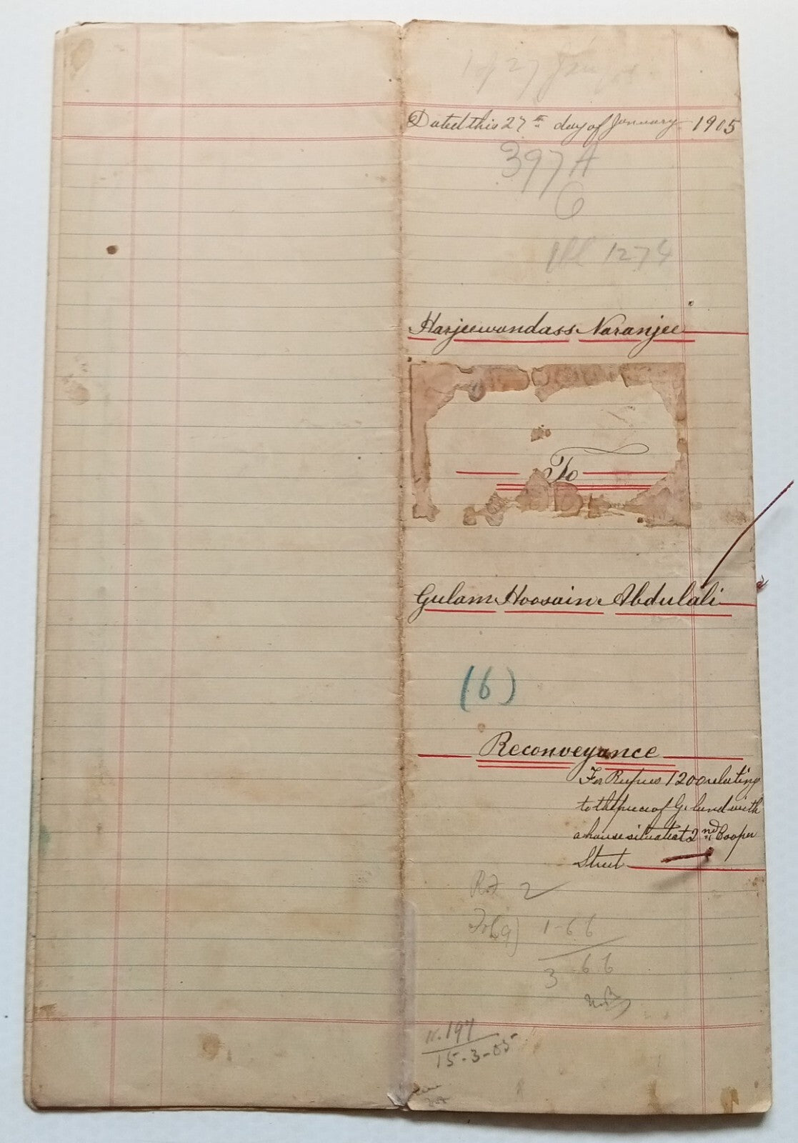 AOP India QV Queen Victoria 1868 Special Adhesive 10R on 1905 indenture 3 pgs