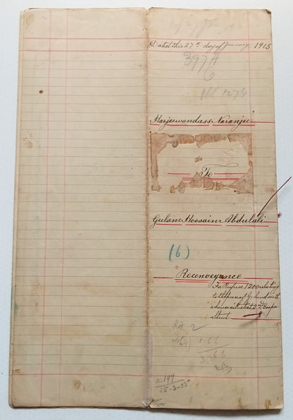 AOP India QV Queen Victoria 1868 Special Adhesive 10R on 1905 indenture 3 pgs