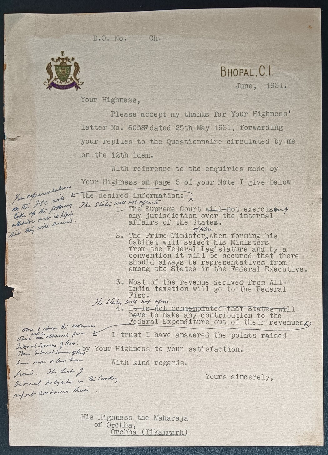 India 1931 bicolour crested letter BHOPAL STATE