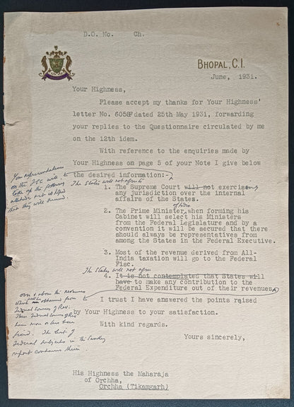 India 1931 bicolour crested letter BHOPAL STATE