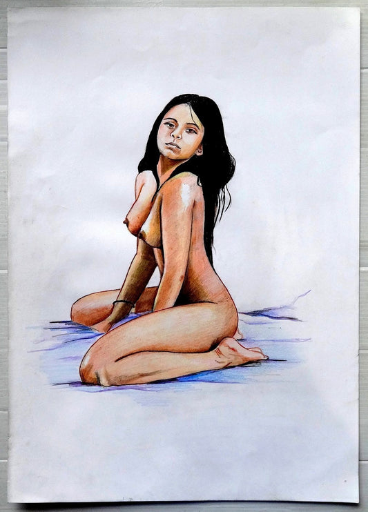 India Nude Indian Beauty pen & watercolor on card 12” x 16”