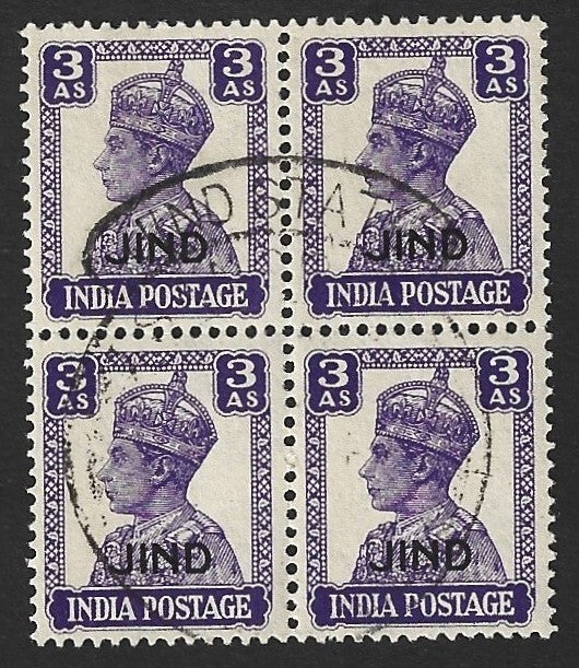 India Jind State KGVI 1941-43 3a bright violet used block of 4 SG 144 £36