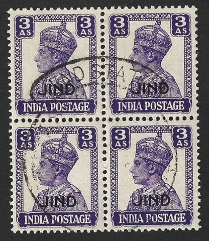 India Jind State KGVI 1941-43 3a bright violet used block of 4 SG 144 £36