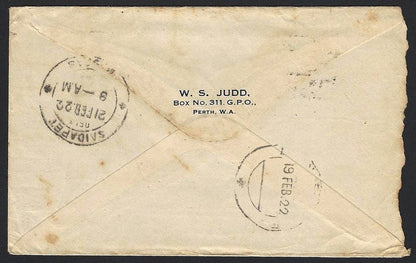 Australia 1922 cover to India with KGV 1/2d & 1 1/2d