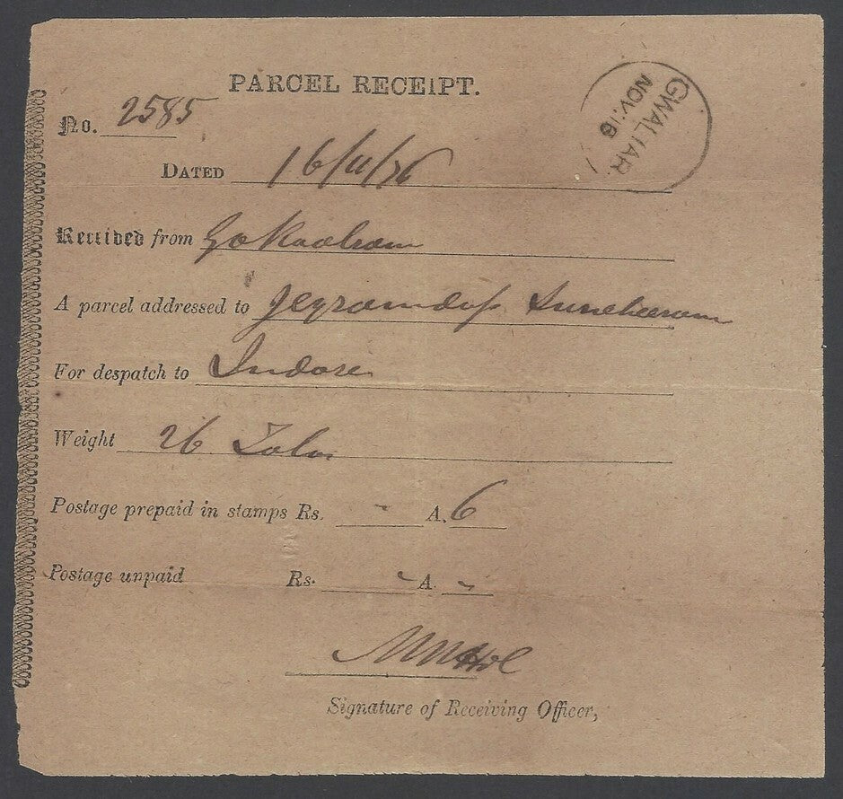AOPIMT India 1876 Parcel Receipt canc black GWALIAR sc
