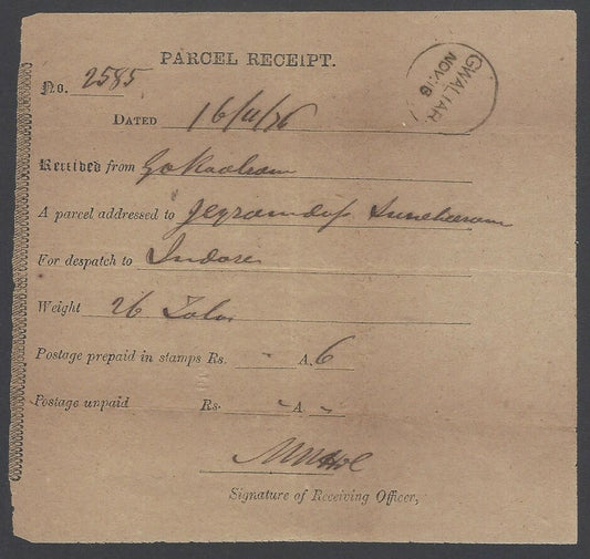 AOPIMT India 1876 Parcel Receipt canc black GWALIAR sc