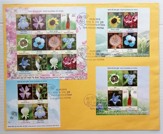 AOP India 2013 Wild Flowers sheetlet & MS miniature sheets (all 3) on FDC