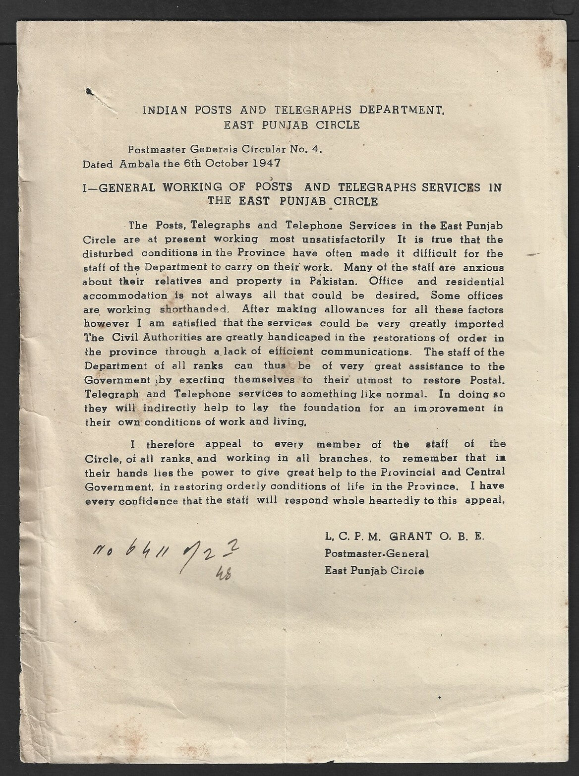 India EAST PUNJAB CIRCLE POSTAL CIRCULAR #4 6 Oct 1947 Telegraphs Services