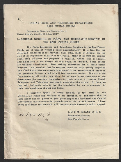 India EAST PUNJAB CIRCLE POSTAL CIRCULAR #4 6 Oct 1947 Telegraphs Services