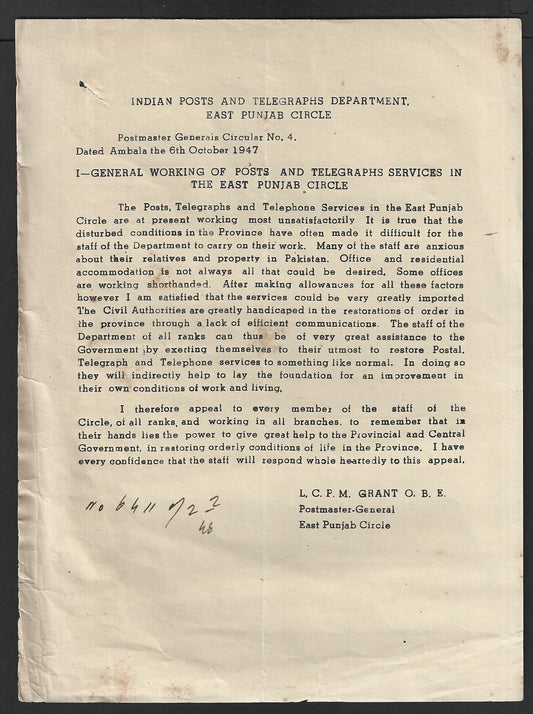 India EAST PUNJAB CIRCLE POSTAL CIRCULAR #4 6 Oct 1947 Telegraphs Services