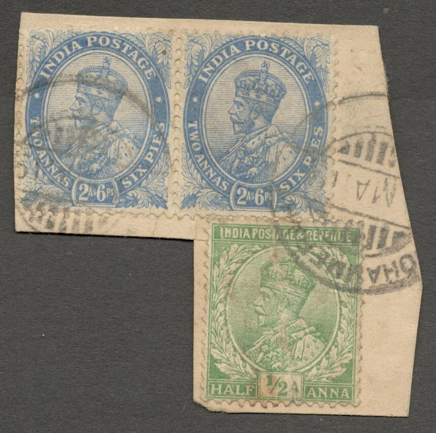 AOP India used MAHOMERRAH KGV 1/2a & 2 1/2a pair on piece SG Z463/468 £12.75