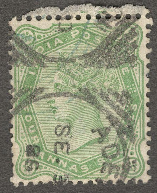 India QV 4a6p yellow green canc. ADEN amall 4-bar squared circle