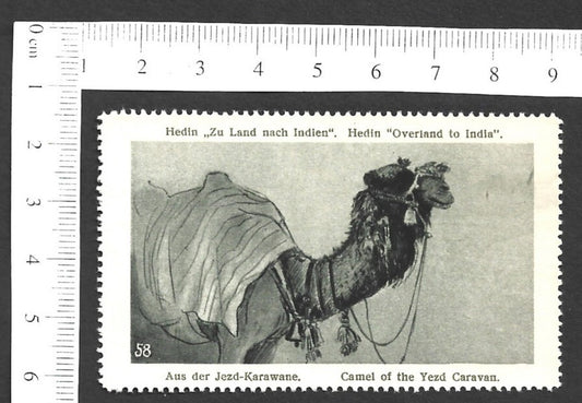 Vintage OVERLAND TO INDIA poster stamp - CAMELOF THE YEZD CARAVAN zaz