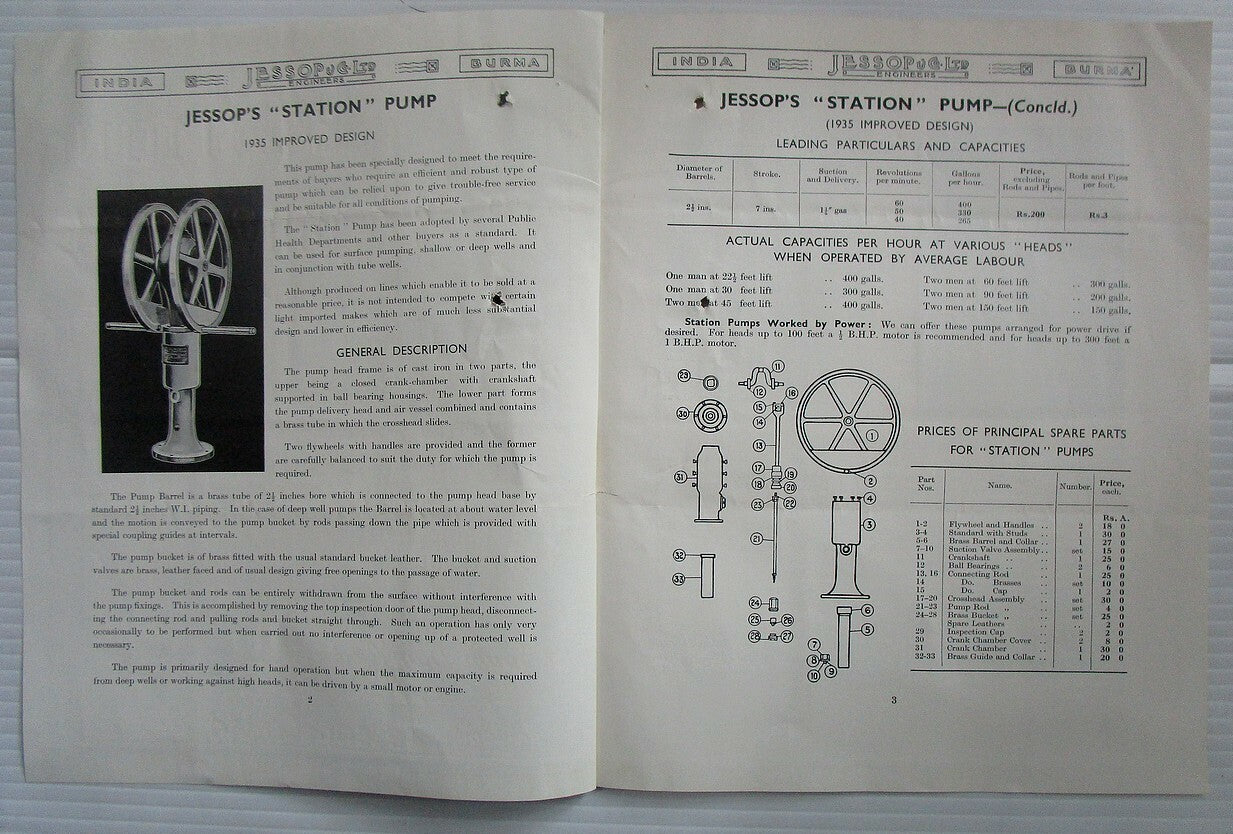India 1939 advertizement leaflet for Station & New Universal Pumps etc