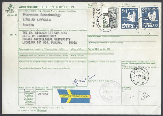 AOP Sweden #C8 1942-53 20Kr Bird x 2 on parcel card to India 