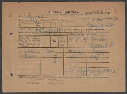 India Maharaja Orchha to Maharaja Gondal 1931 telegram & reply