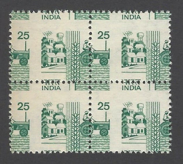 India 1979 Agriculture 25p Tractor misperf error block of 4 MNH