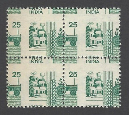 India 1979 Agriculture 25p Tractor misperf error block of 4 MNH