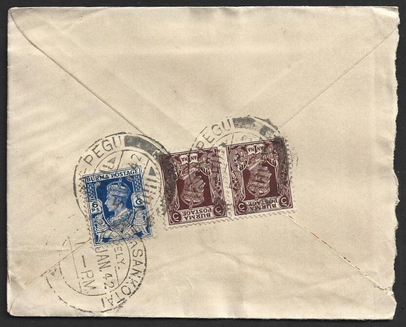 Burma KGVI 1a envelope censored & uprated for airmail to India canc. KAWA-PEGU