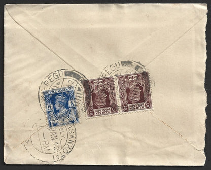 Burma KGVI 1a envelope censored & uprated for airmail to India canc. KAWA-PEGU
