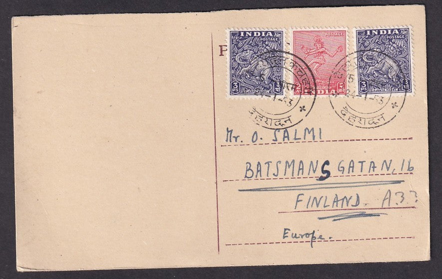 India 1953 postcard to Finland with 1949 Archaeological stamps