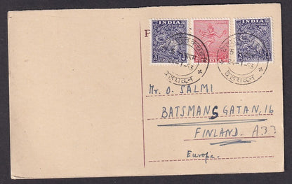 India 1953 postcard to Finland with 1949 Archaeological stamps
