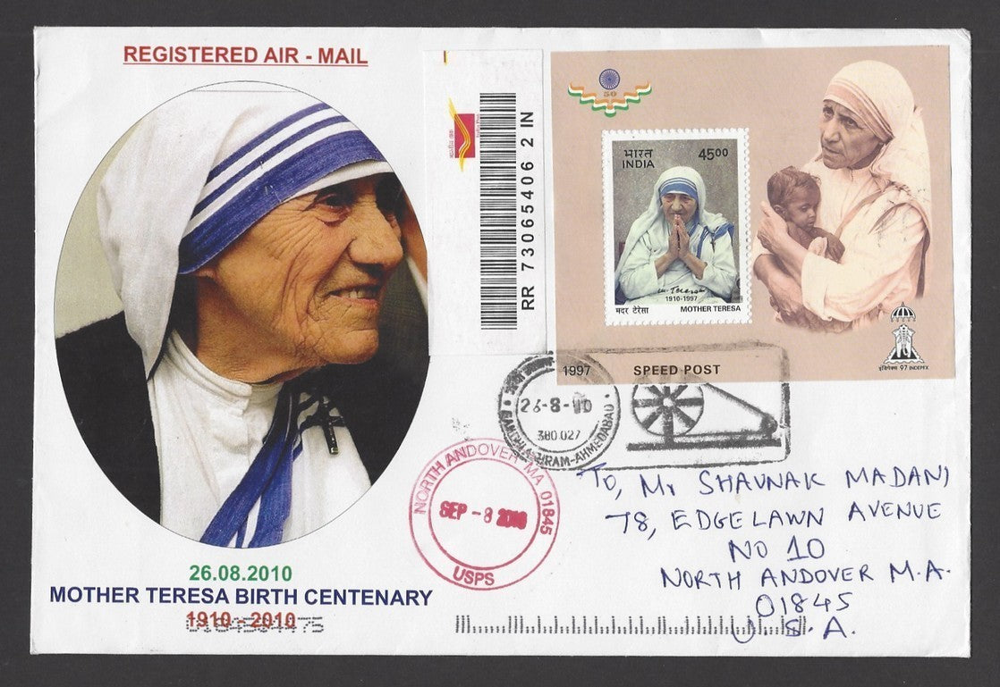 India 1997 Mother Teresa MS miniature sheet on cover to USA