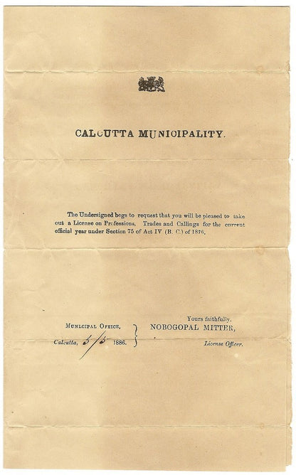 India 1886 Profession Tax submission by Opium Trader Hazareemull Sagarmull