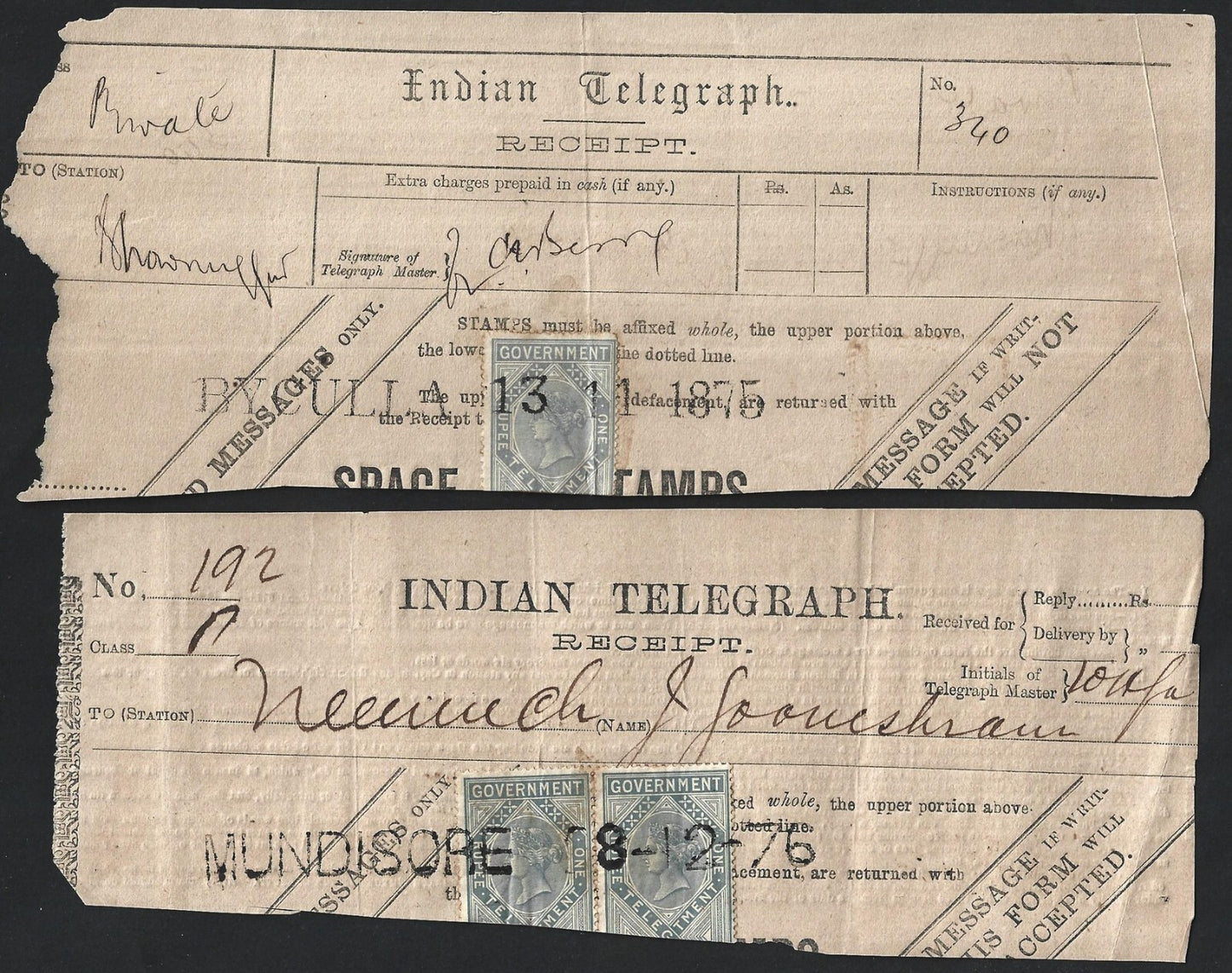 India 1875-1906 collection of telegraph receipts used from 18 different towns