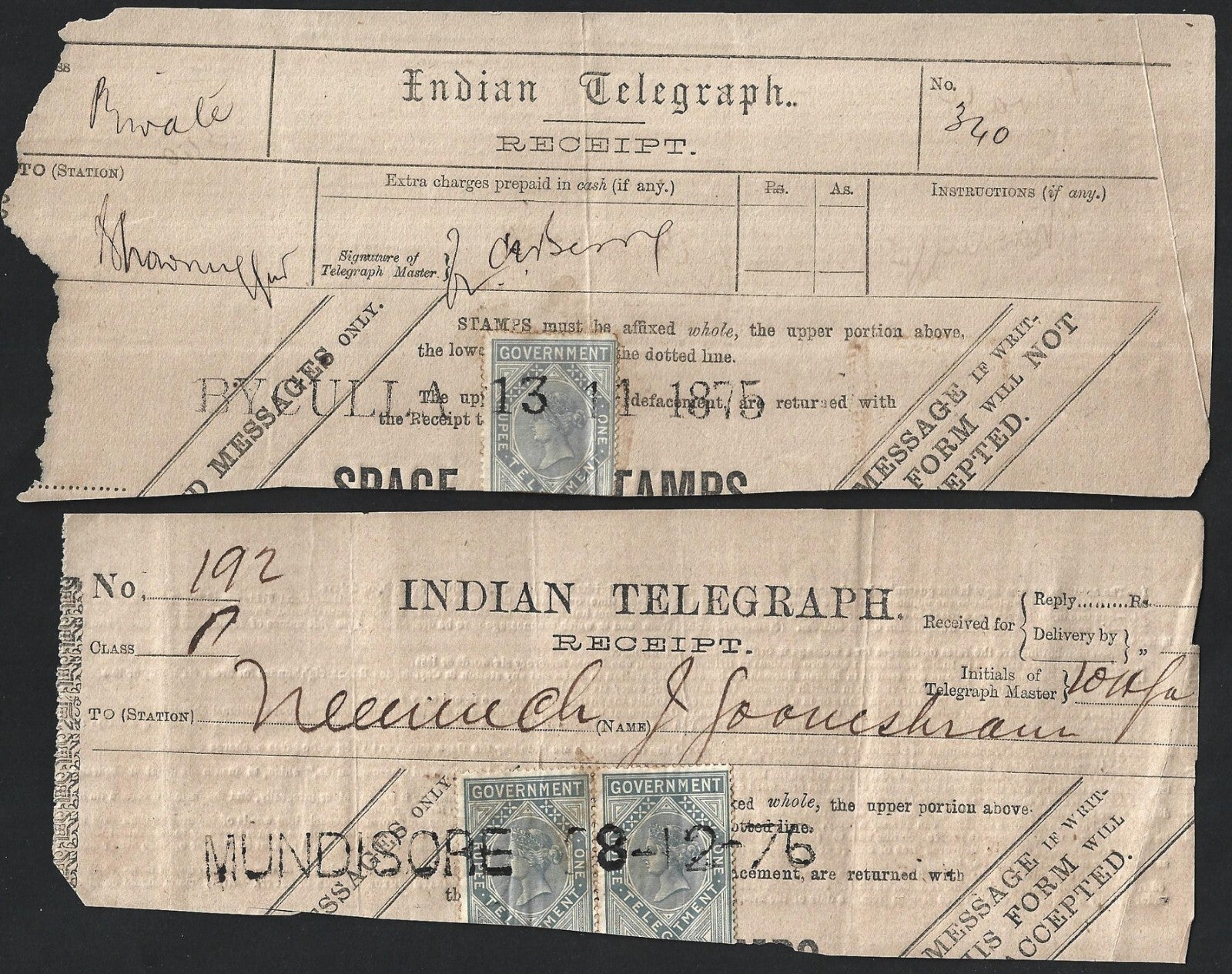 India 1875-1906 collection of telegraph receipts used from 18 different towns