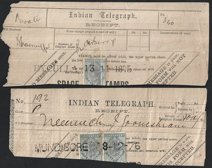 India 1875-1906 collection of telegraph receipts used from 18 different towns
