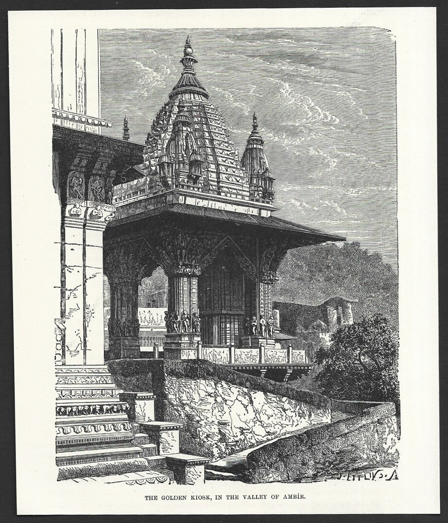 India GOLDEN KIOSK VALLEY OF AMBIR engraved print ex libris Rousslet 1876 7"x6"
