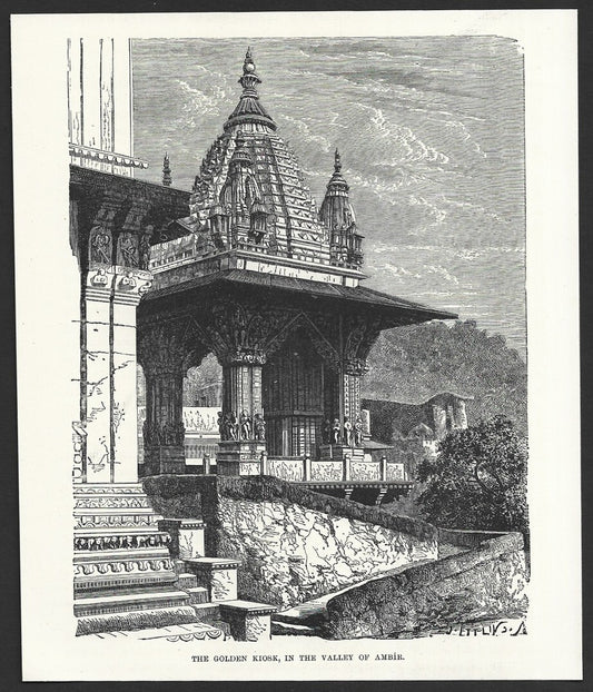 India GOLDEN KIOSK VALLEY OF AMBIR engraved print ex libris Rousslet 1876 7"x6"