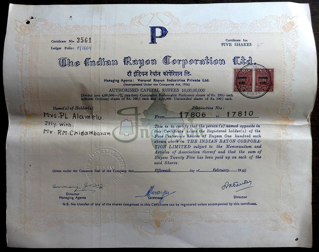 India 1960 Indian Rayon Corporation share certificate