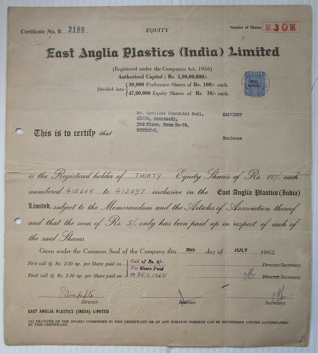India East Anglia Plastics Ltd. 1962 share certificate