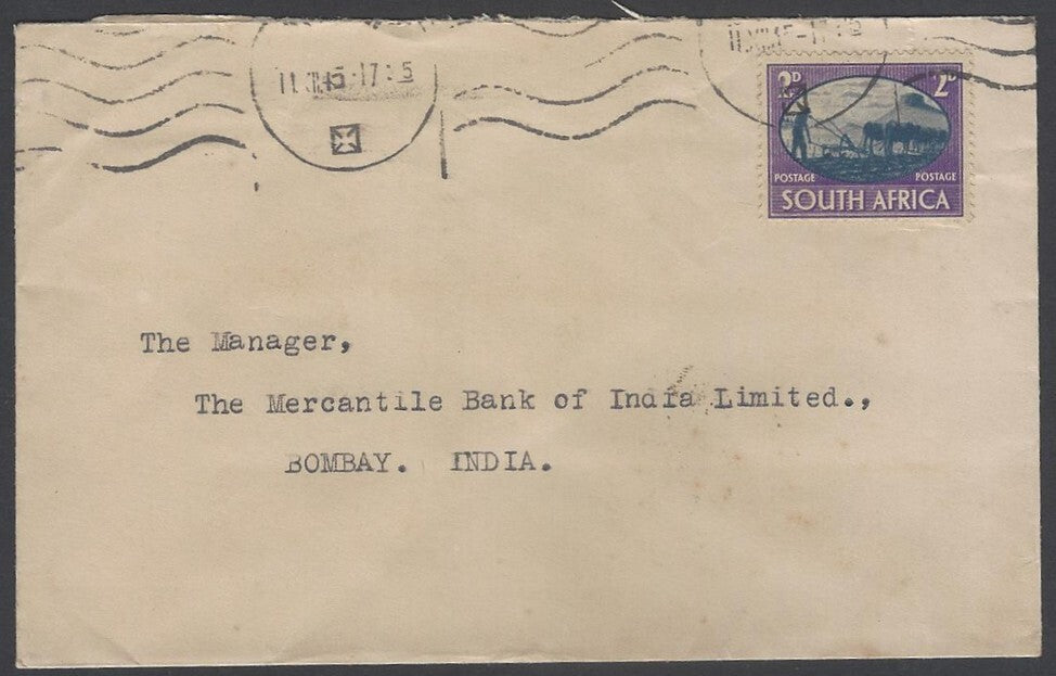 AOP South Africa 1943 bantam 2d single franking cover Durban to India