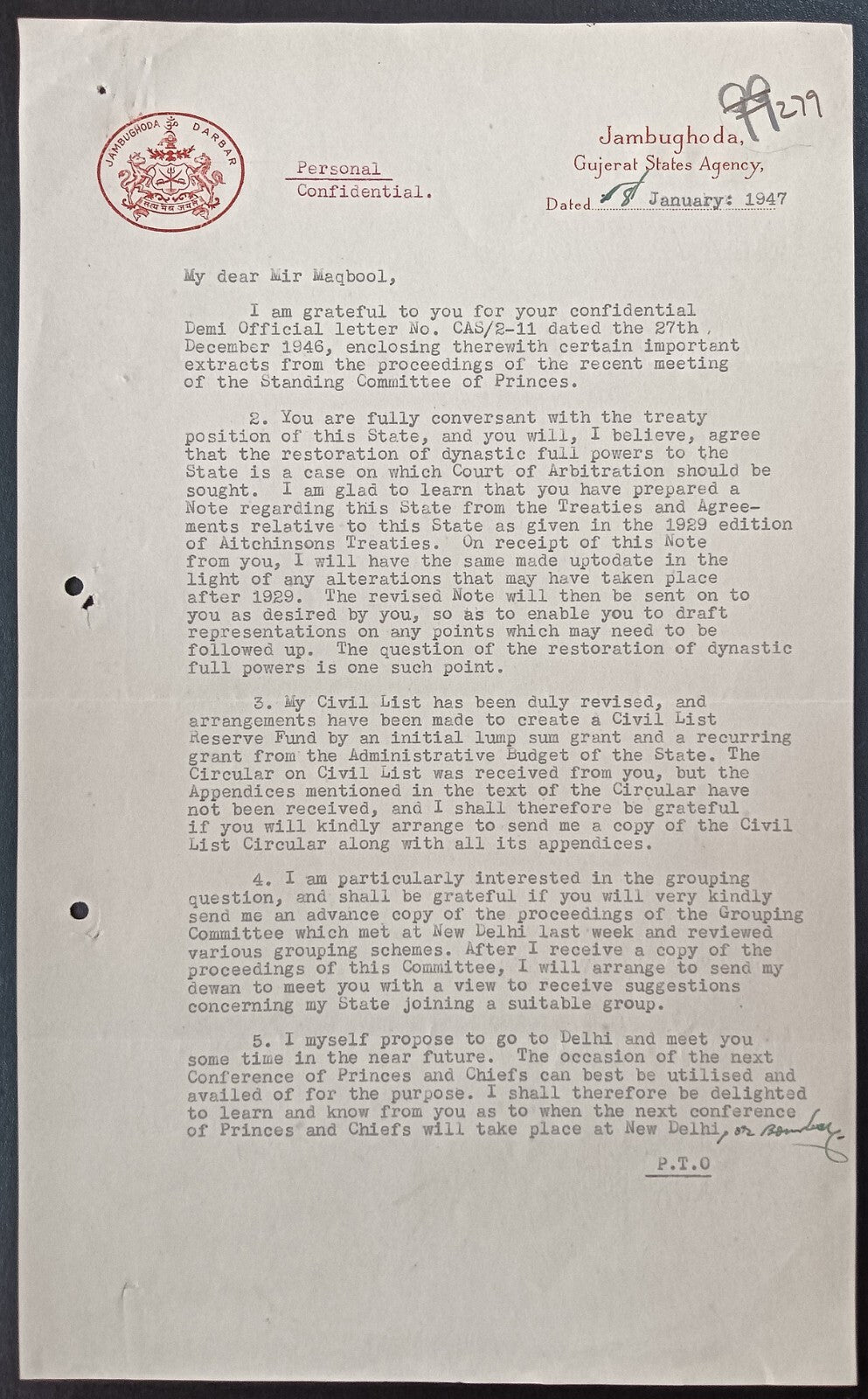 India 1947 crested letter JAMBUGHODA DARBAR