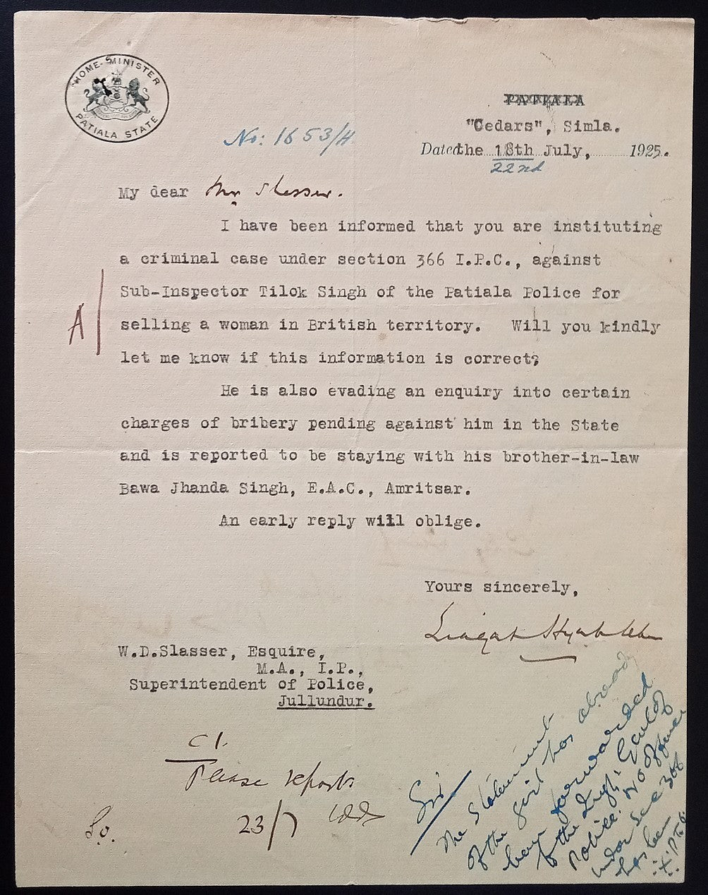 India 1925 crested letter HOME MINISTER PATIALA STATE Policeman Sold a Woman
