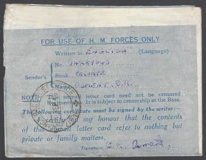 AOP India WW2 IAFF  BLUE TRIANGLE air letter with GG/3 censor to UK