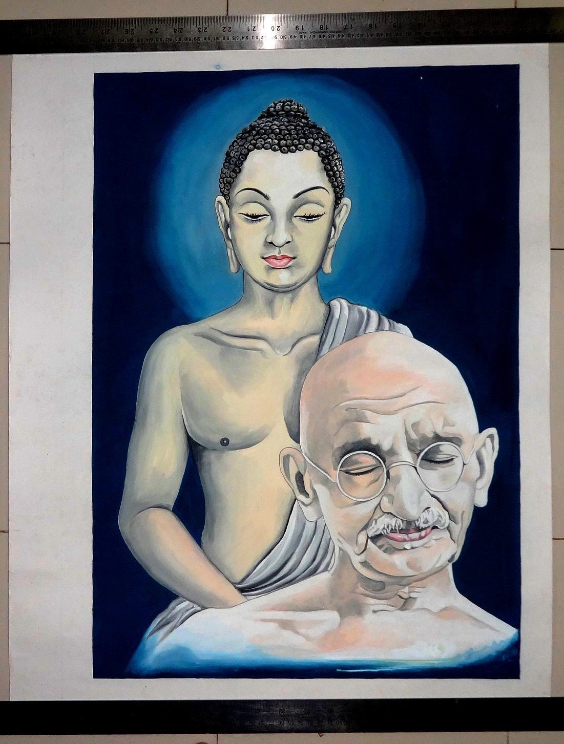 India watercolor on card GANDHI & BUDDHA 22” x 28” Ӝ