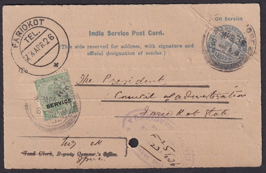 India 1926 uprated KGV SERVICE POST CARD 1/4a with "FARIDKOT/TEL" dc