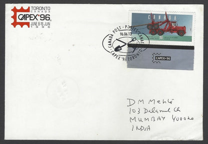 AOP Canada 1996 Historical Vehicles 90c on cover to India