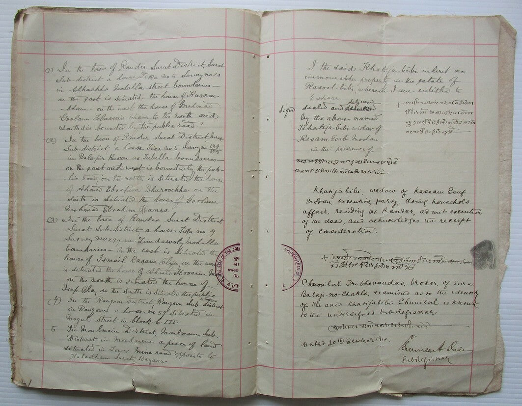 India 1910 Assignment document with Special Adhesive KEdVII 20R, 50R
