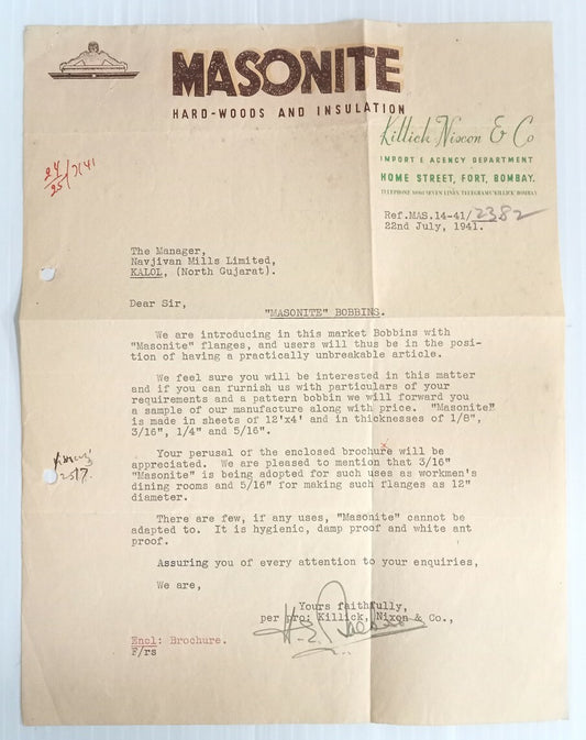 AOP Masonite Hard-woods & Insulation Bombay 1941 illustrated letterhead India